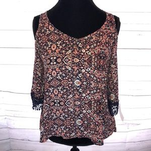Floral Print Cold Shoulder Top Blouse Shirt Lace Sleeves Xhilaration Size